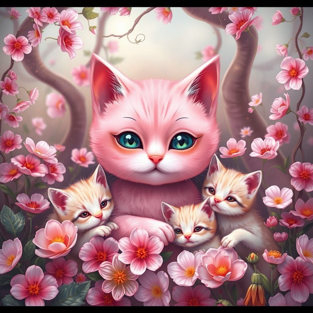 Whimsical Pink Cat Surrounded by Kittens in Vibrant Springti...