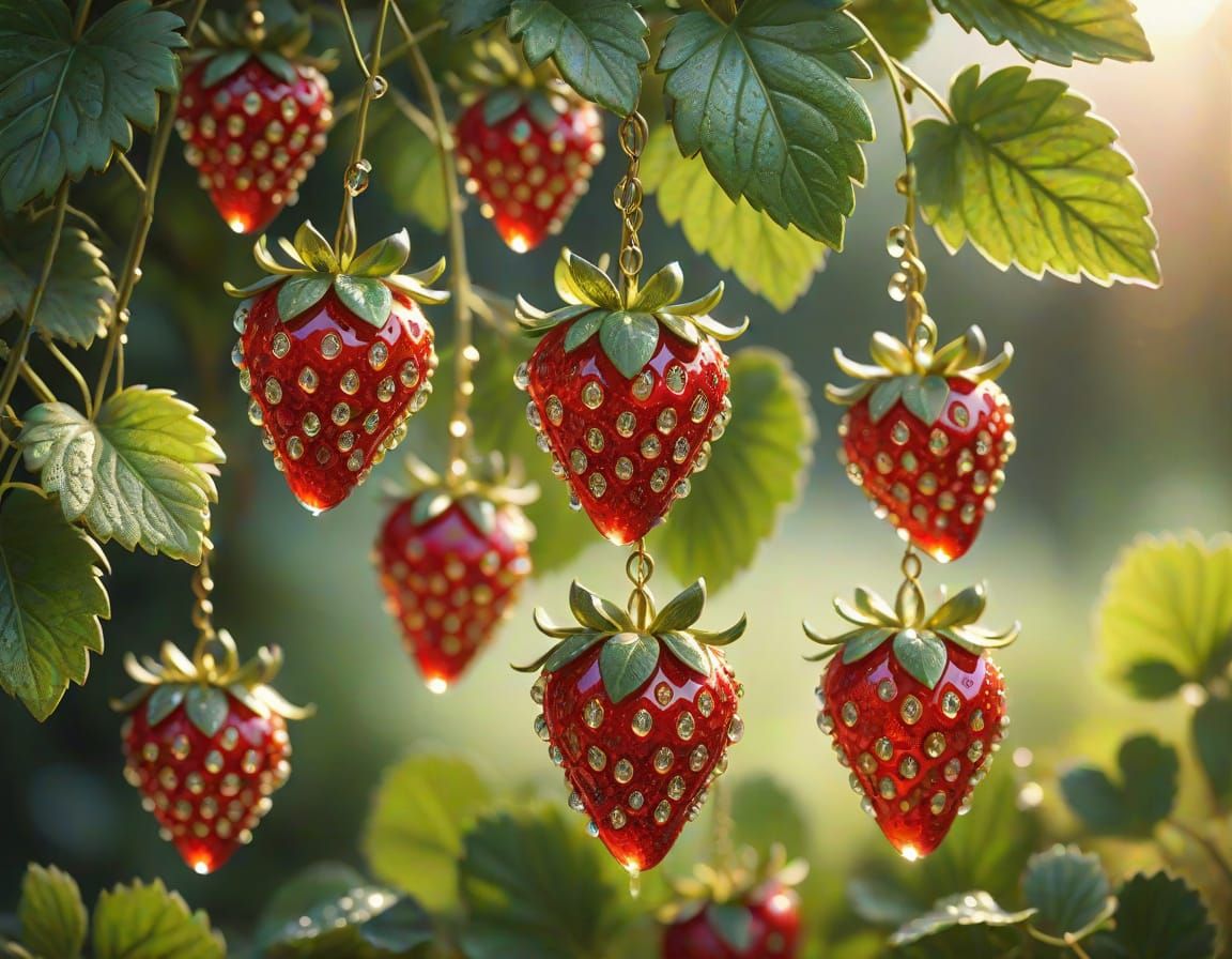 Crystal Strawberries in Golden Light, Crafted with Red Gemst...