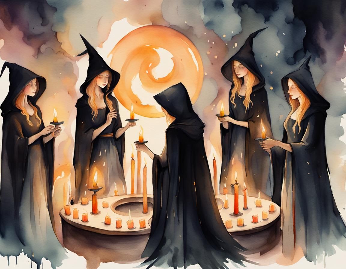 Whimsical Witches' Candle Circle in Watercolor Style