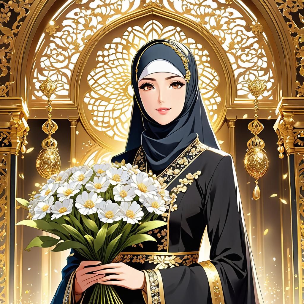 Anime Girl in Hijab with Floral Bouquet