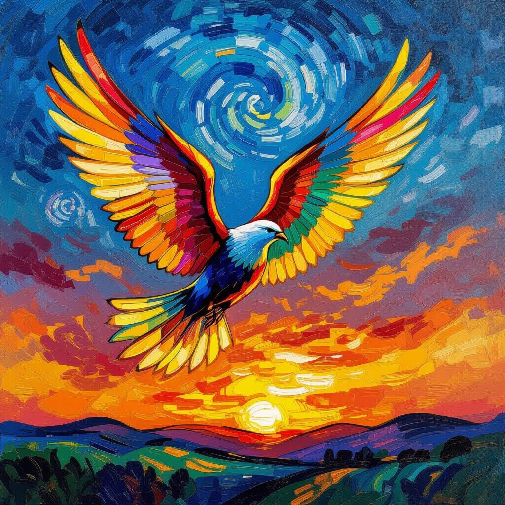Winged Rainbow Ear Soaring in Van Gogh Style