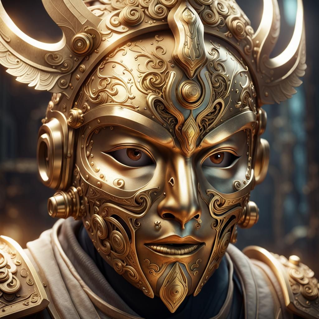 Detailed Golden Immunity Mask in 3D Cinematic Style