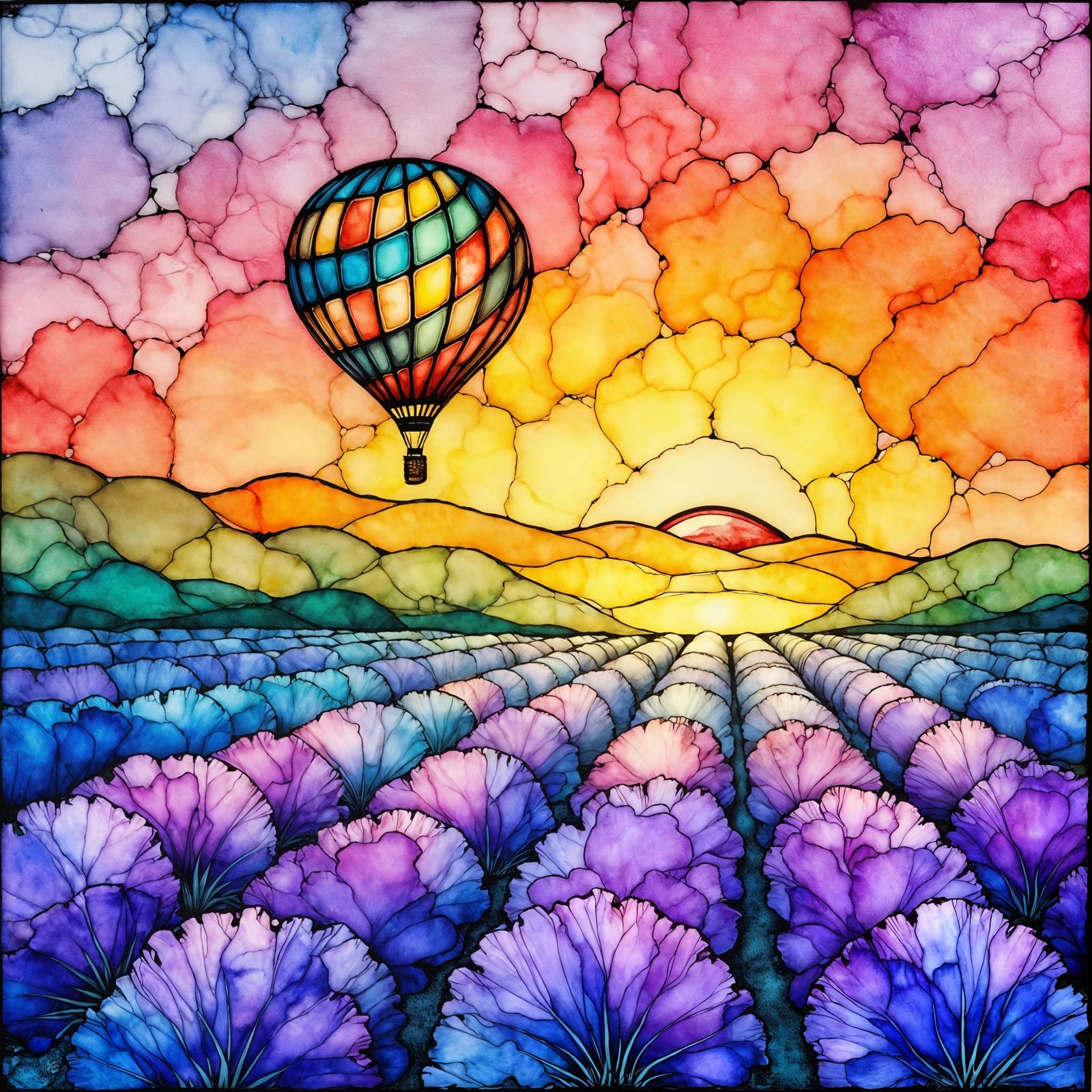 Hot Air Balloon Over Lavender Field in Stained Glass Style