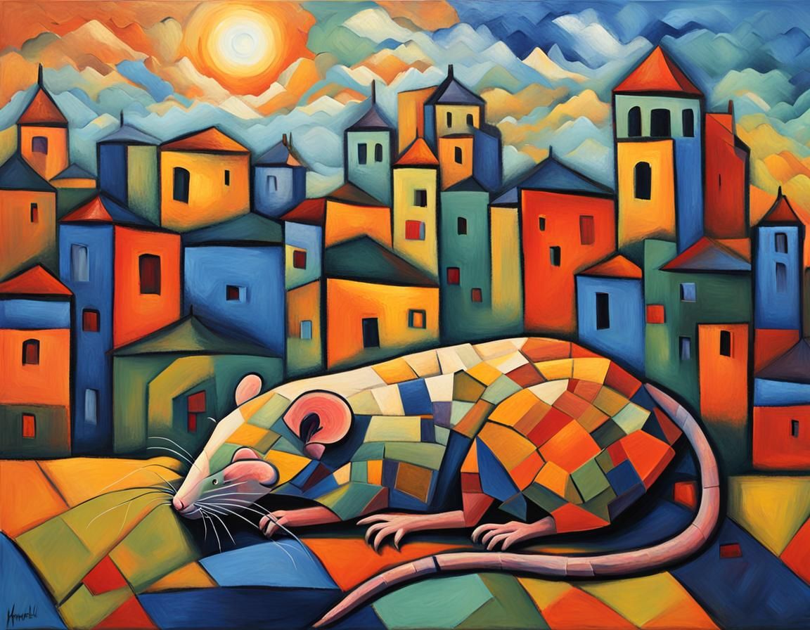 Dreaming Rat in Cubist Fauvist Cityscape
