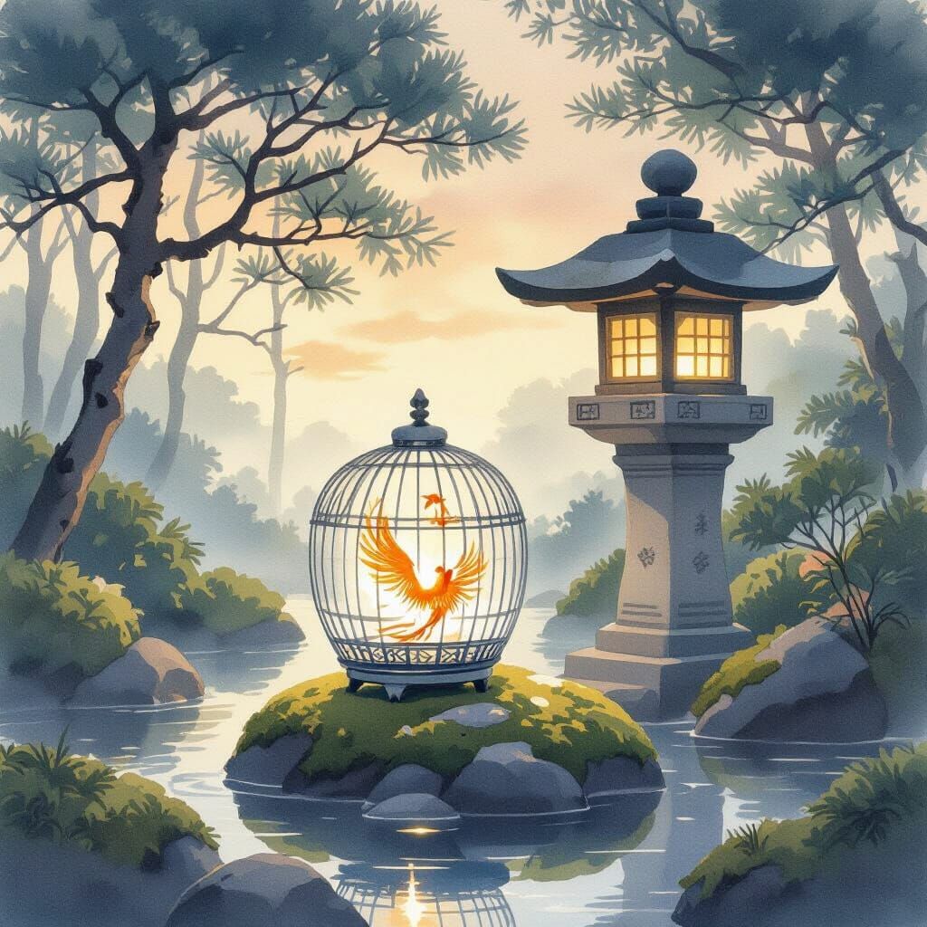 Ethereal Phoenix in Japanese Garden Watercolor