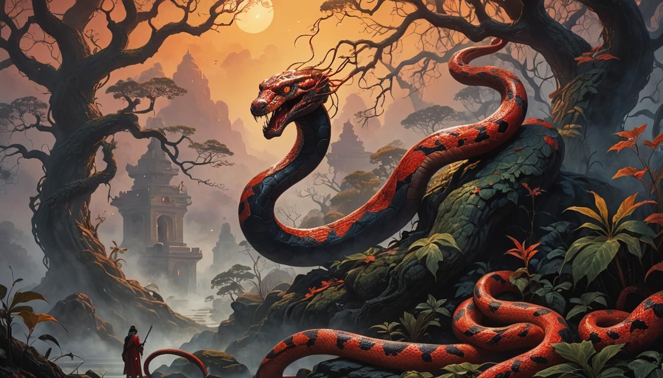 Red Serpent Guardian in Dark Academia Style