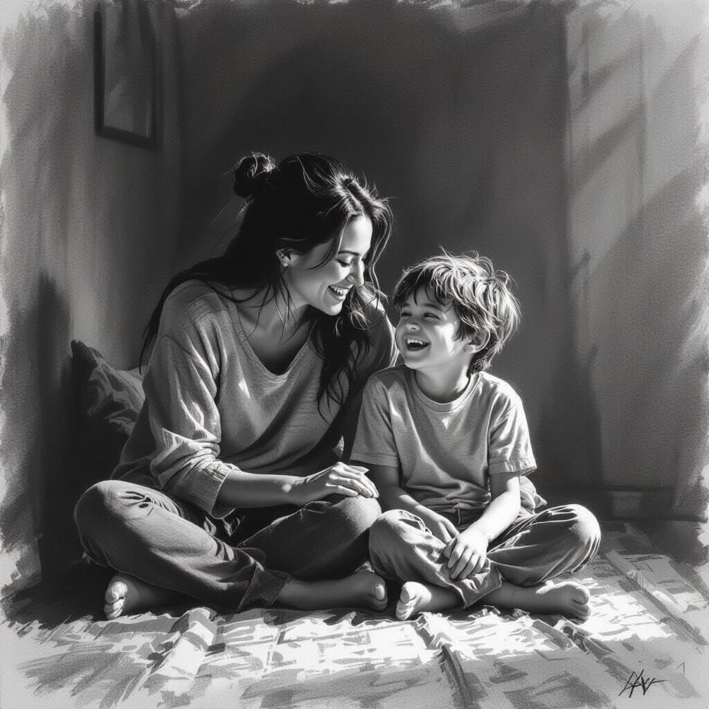 Mother and Son Laughing in Cozy Room Charcoal Drawing