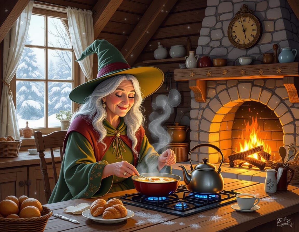 Enchanting Witch Prepares Magical Breakfast in Cozy Cabin