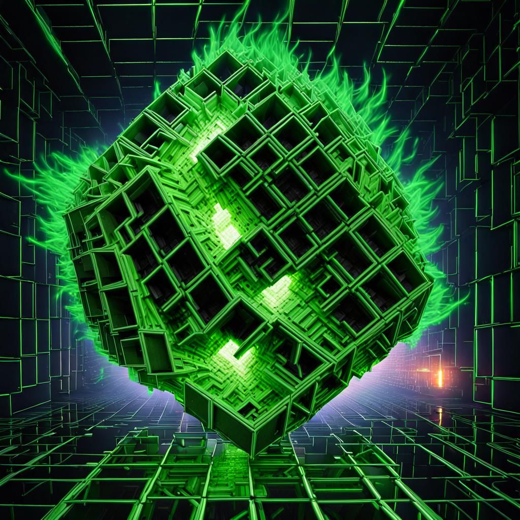 Exploding Borg Cube in Green Neon Light