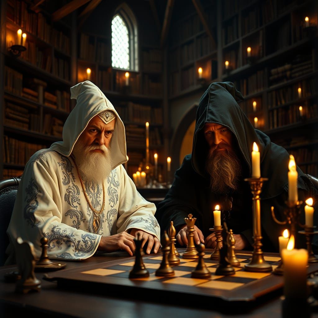 Medieval Wizards Engage in Intense Chess Match in Elegant, M...