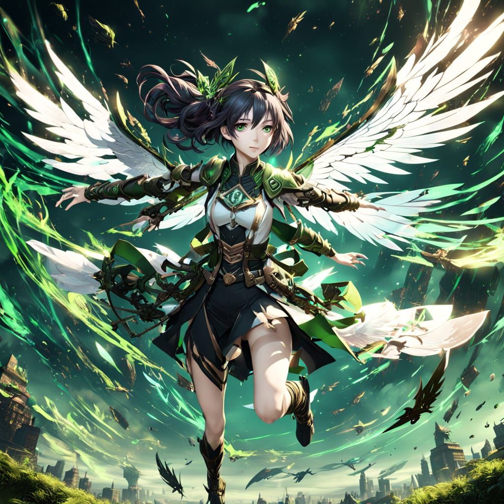 Anime Fantasy Girl Soars with Intricate Black and Green Wing...