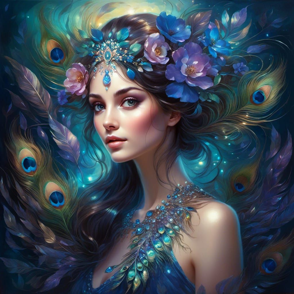 Woman with Iridescent Peacock Feathers Portrait