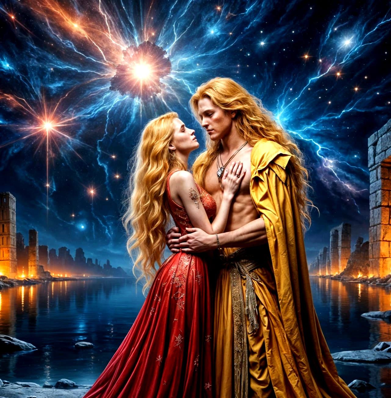 Romantic Couple in Starry Bay with Ancient Ruins