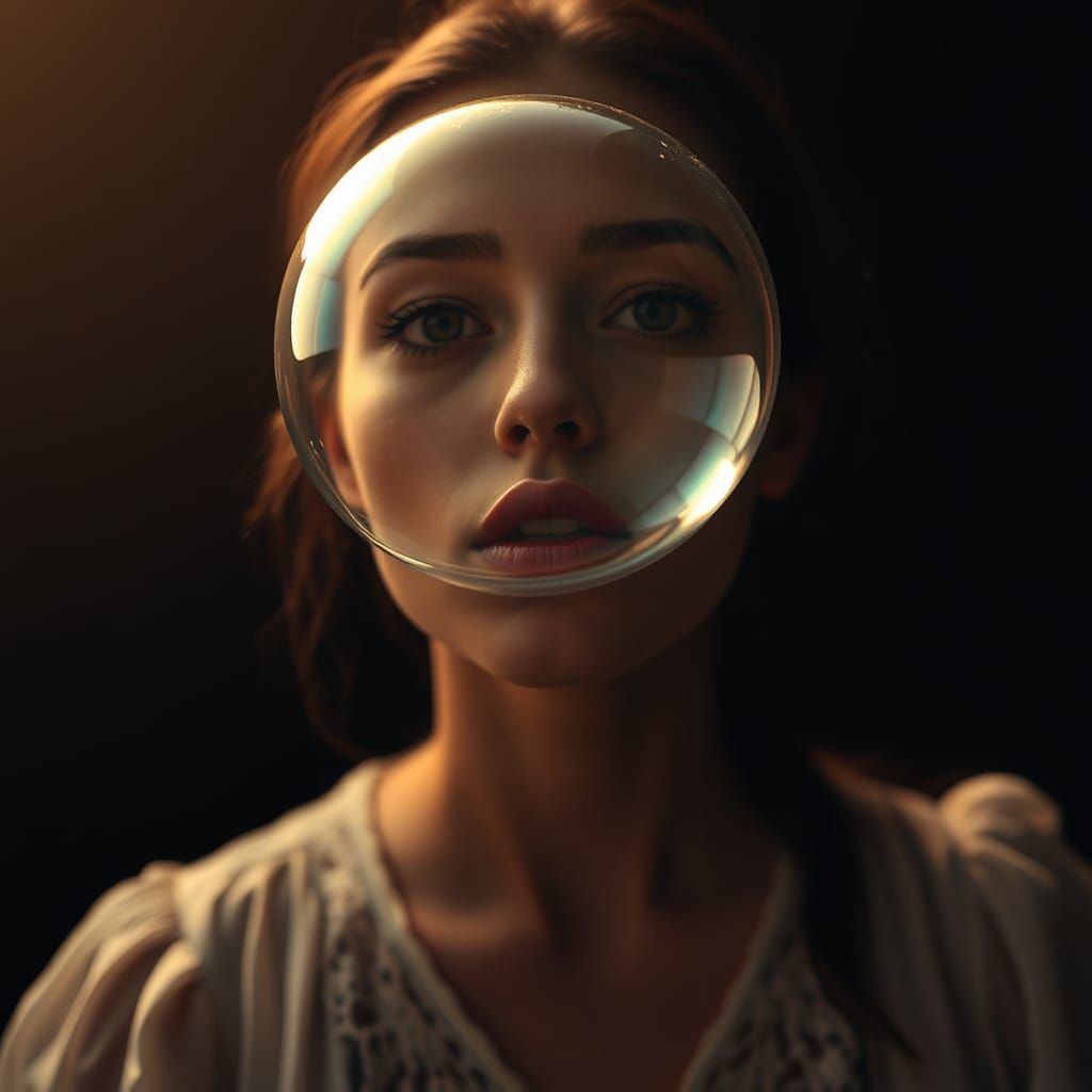 Woman Blowing Iridescent Bubble in HDR