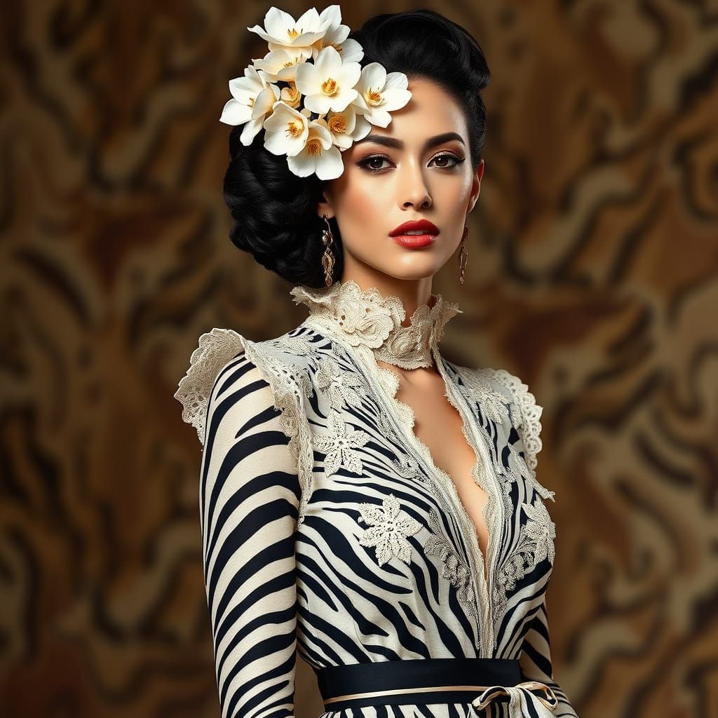 Zebra Jumpsuit Model in Rococo Style