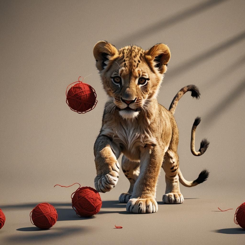 Lion Cub's Playful Moment: 3D Rendered Art