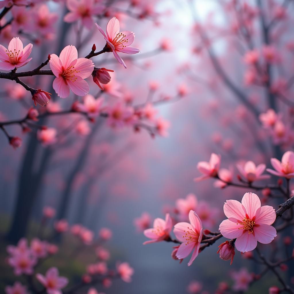 Glowing Cherry Blossoms in Ethereal Landscape