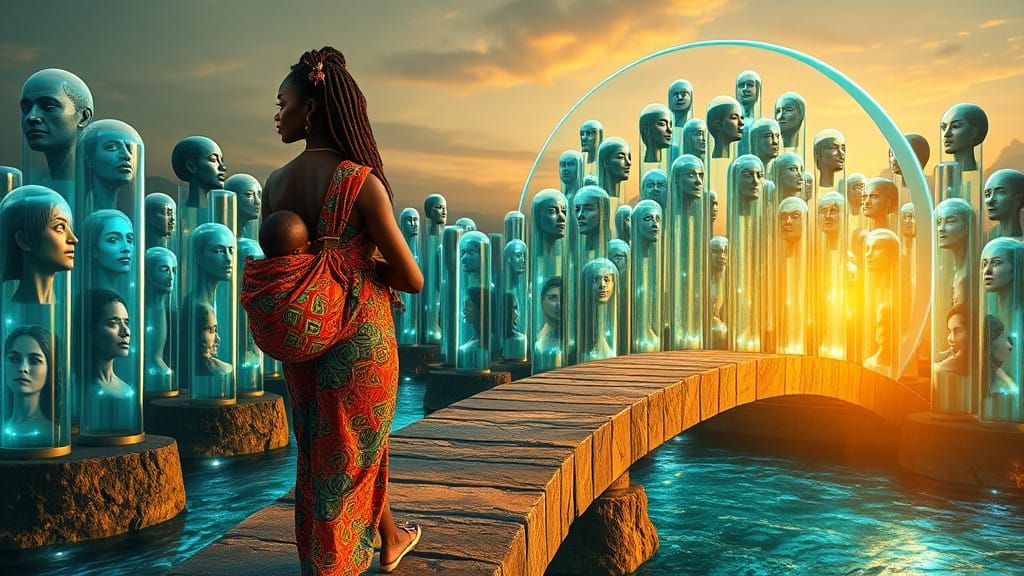 African Woman Crosses Dreamlike Bridge in Vibrant Ankara Pri...