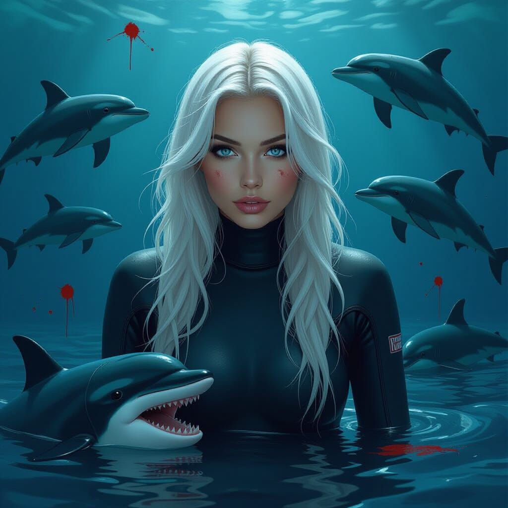 Woman Amidst Sharks and Dolphin in Ominous Ocean