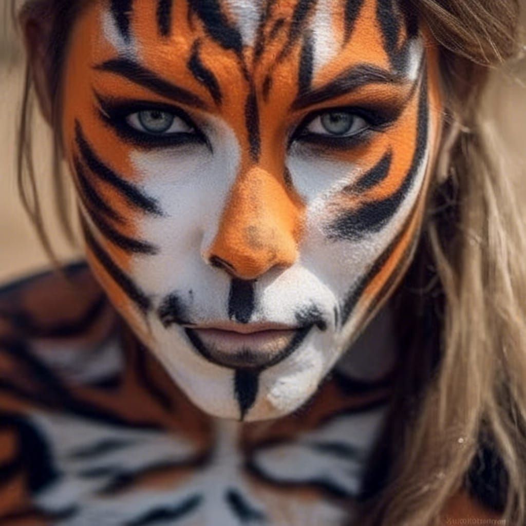 Tiger Body Paint on a Californian Beach