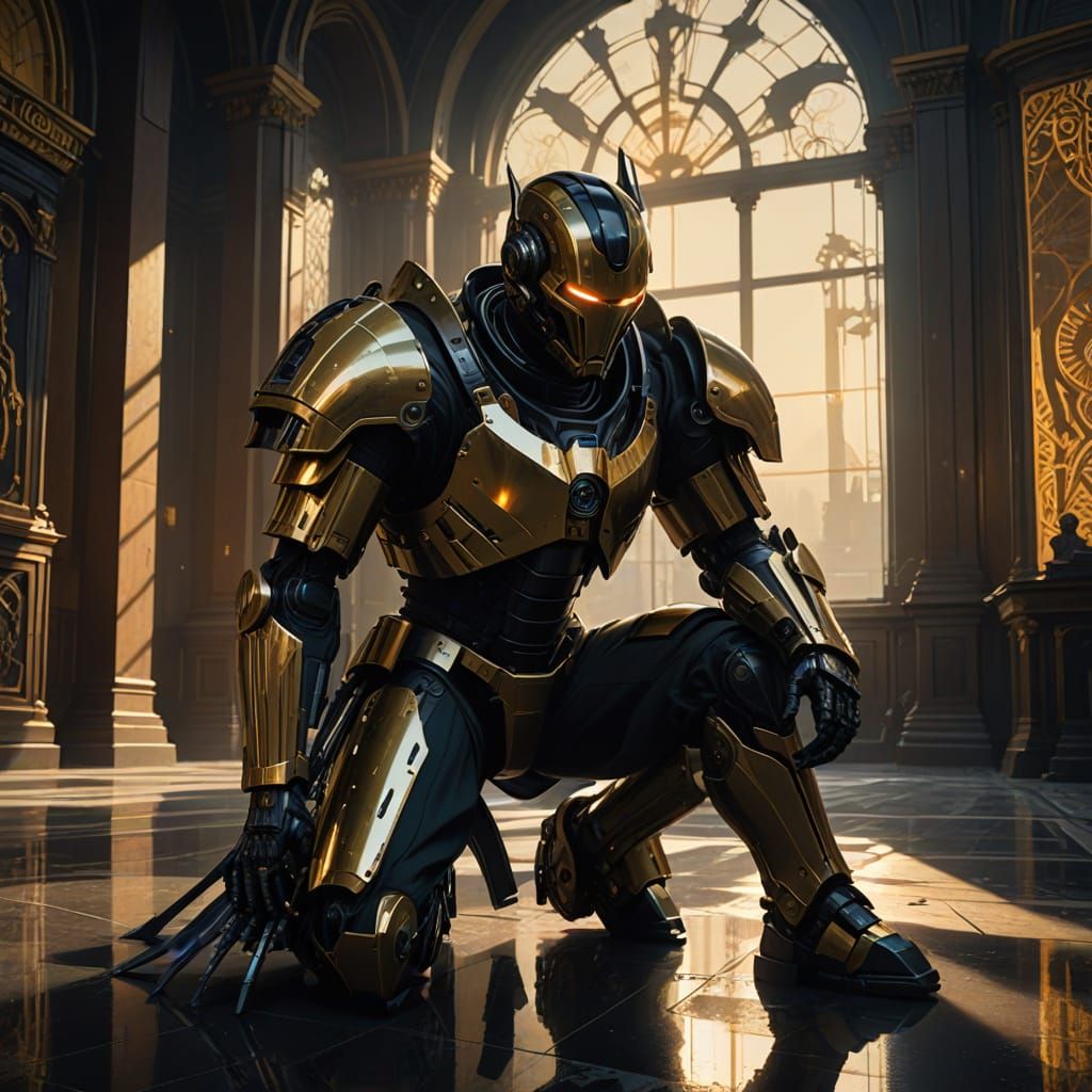 Majestic Mechanical Android Warrior in Industrial Futuristic...