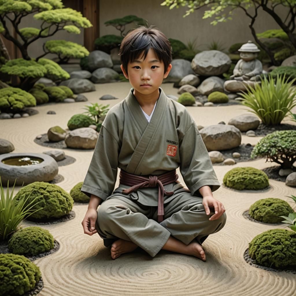 Photorealistic Japanese Boy in Zen Garden