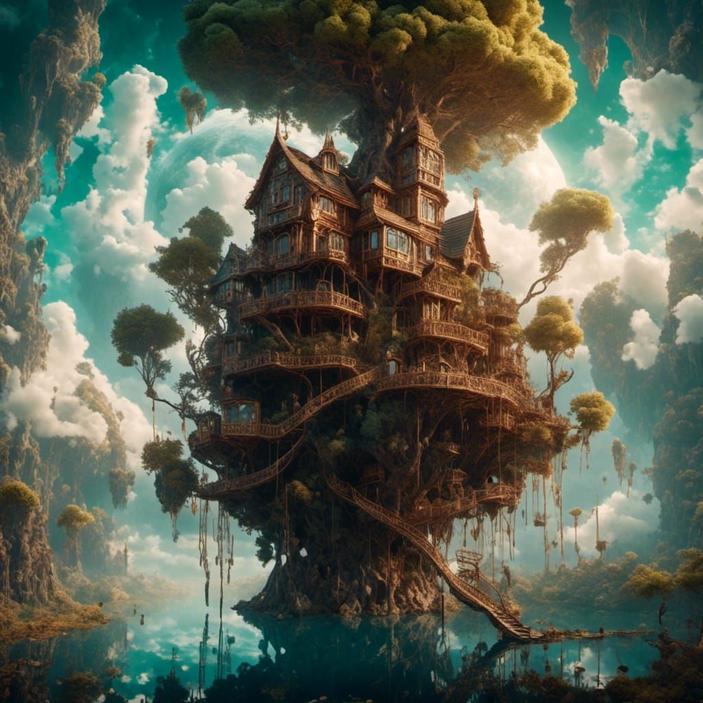 Intricate Treehouse Floating in the Clouds