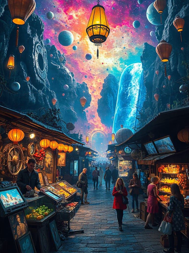 Interdimensional Bazaar with Steampunk and Sci-Fi Elements