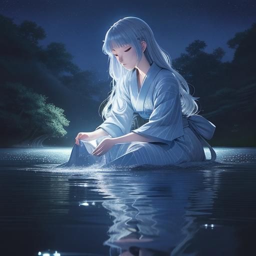 Moonlit Anime Scene: Lady by a Starry Lake