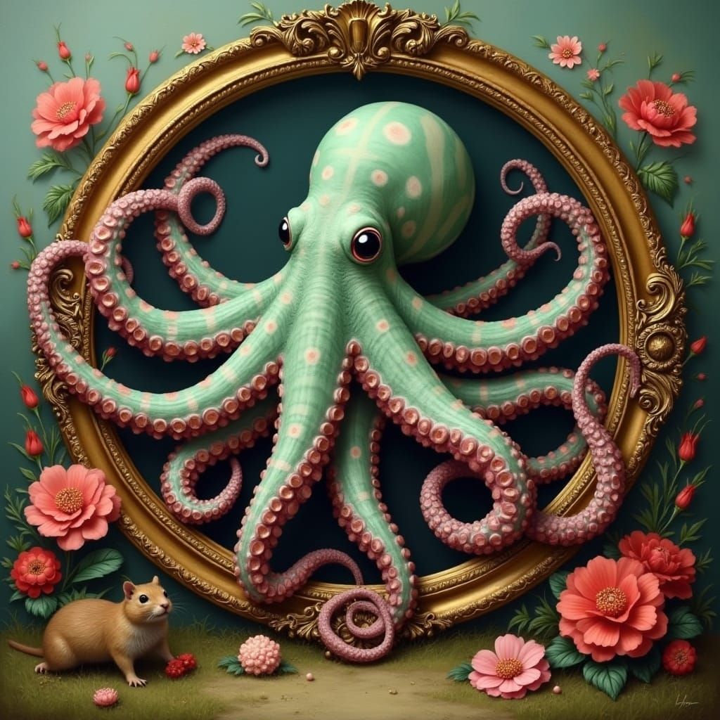 Striped Octopus in Baroque Frame, Fantasy Landscape