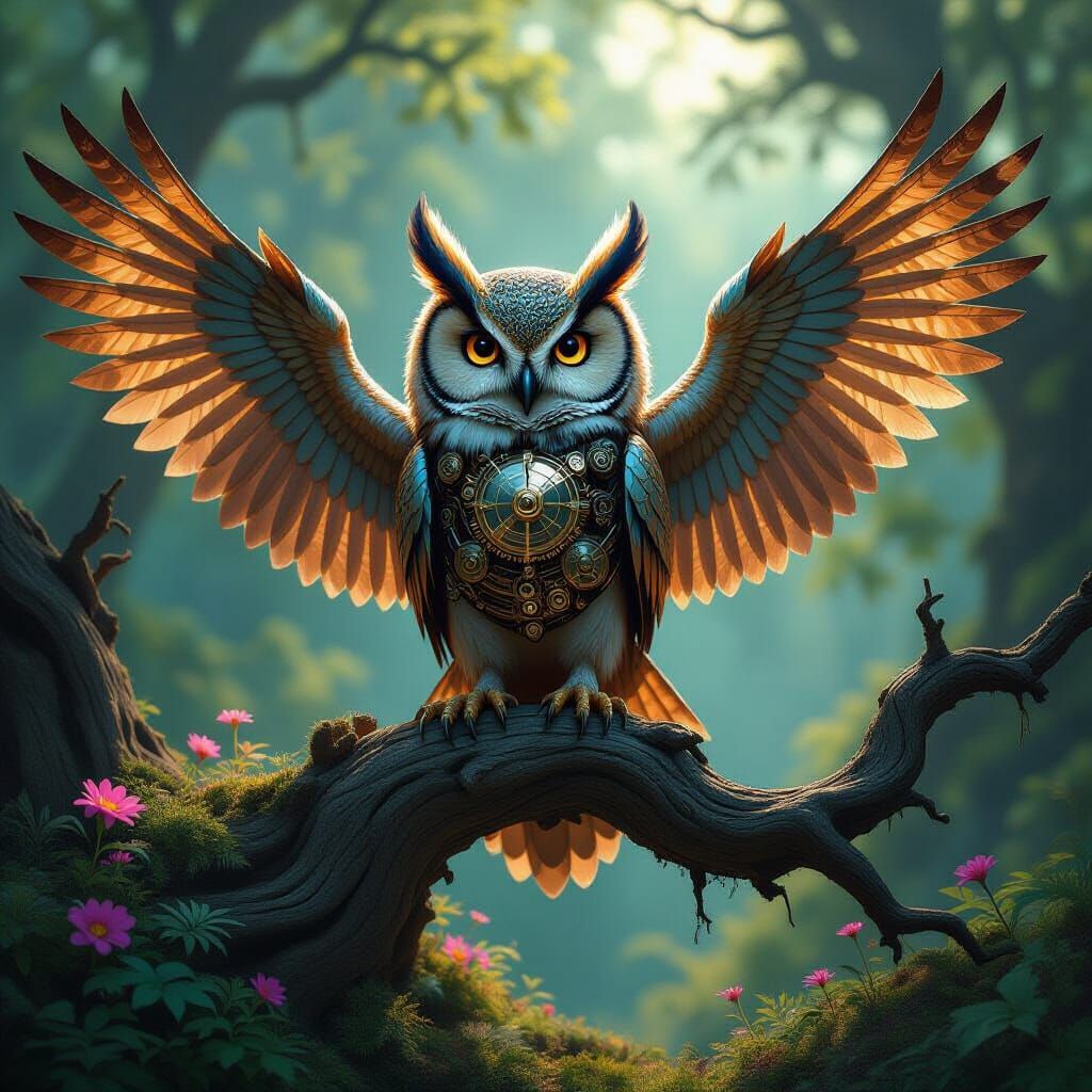 Clockwork Owl on Ancient Oak Branch