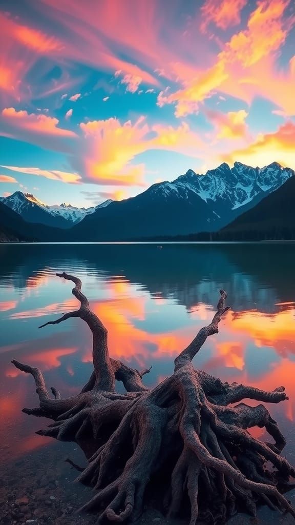 Serene Sunset Landscape with Ancient Tree Root