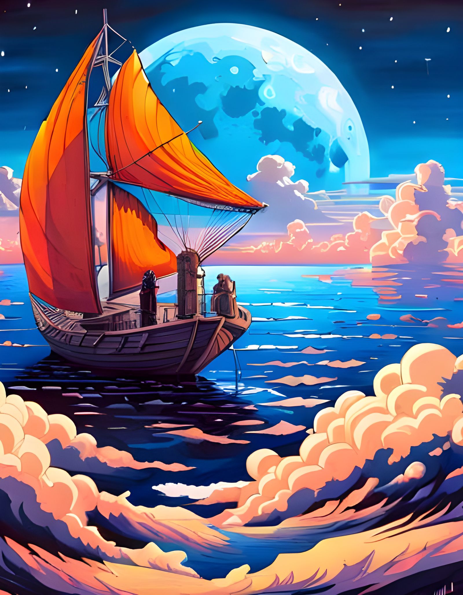 Boat Sails to Moon in Sci-Fi Synthwave Style