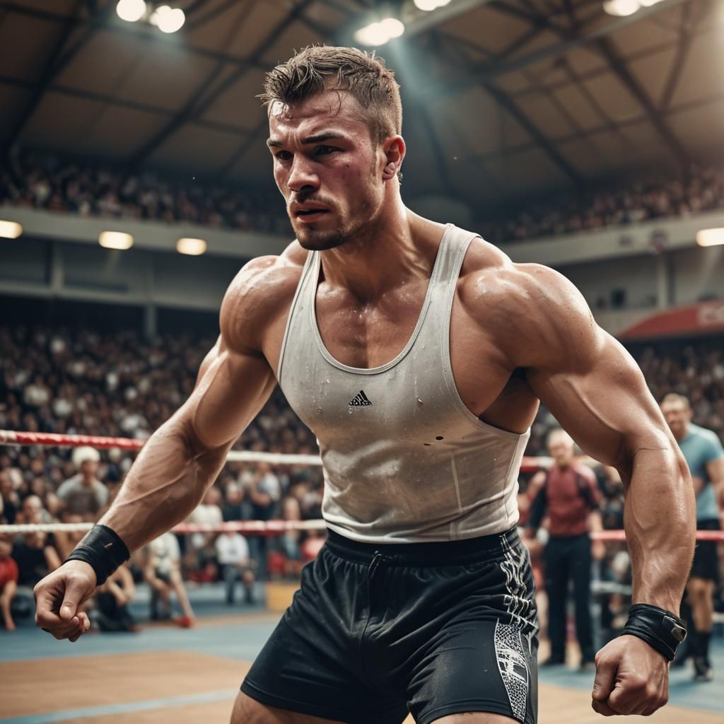 Wrestler Flexing Muscles in Hyper-Realistic Photo