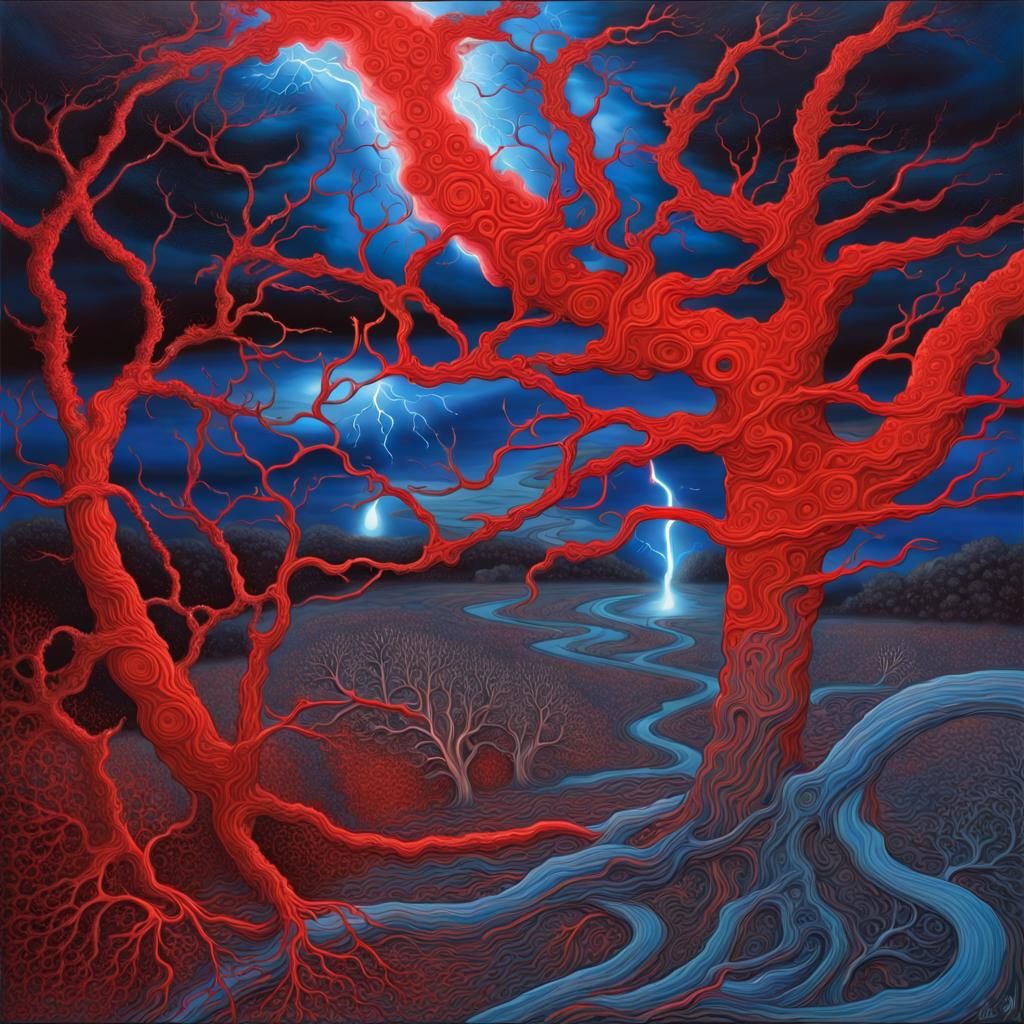 Surreal Liquid Metal Landscape with Electric Light