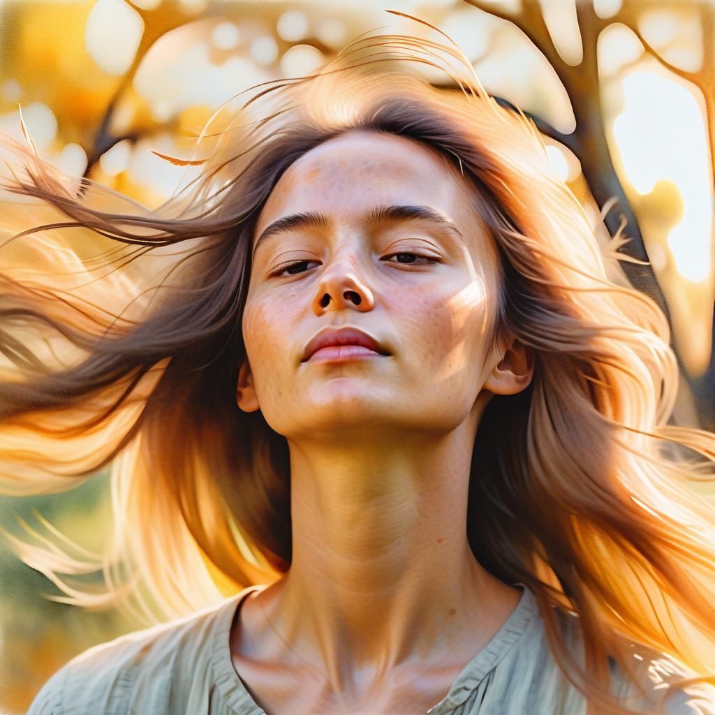 Ethereal Watercolor Portrait of Woman with Wind-blown Hair