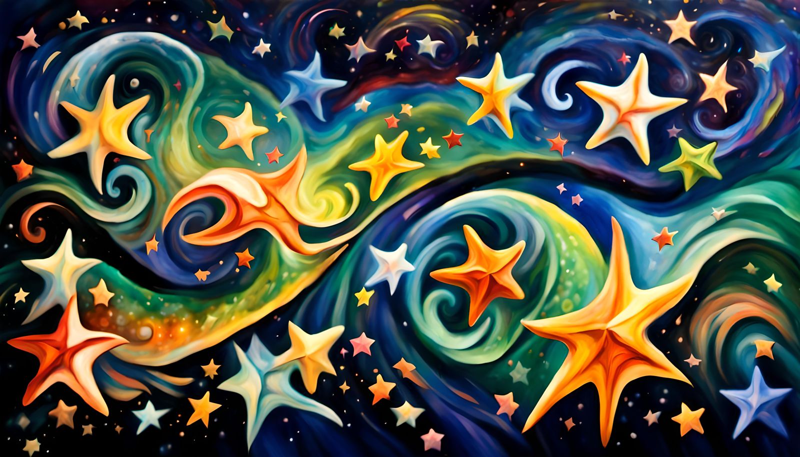 Cosmic Star Dance in Impasto Oil Painting Style