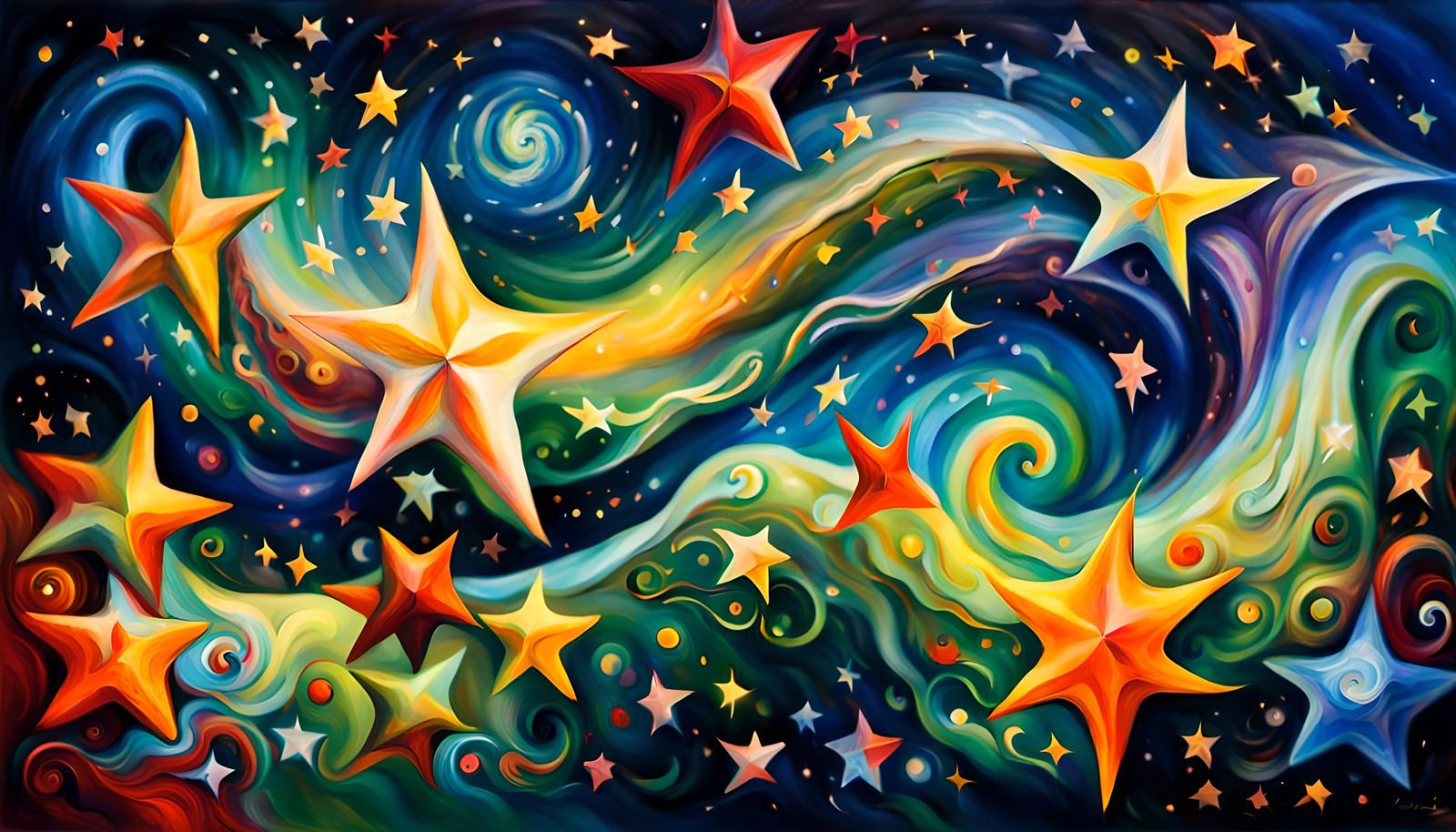 Cosmic Star Dance in Impasto Oil Painting Style