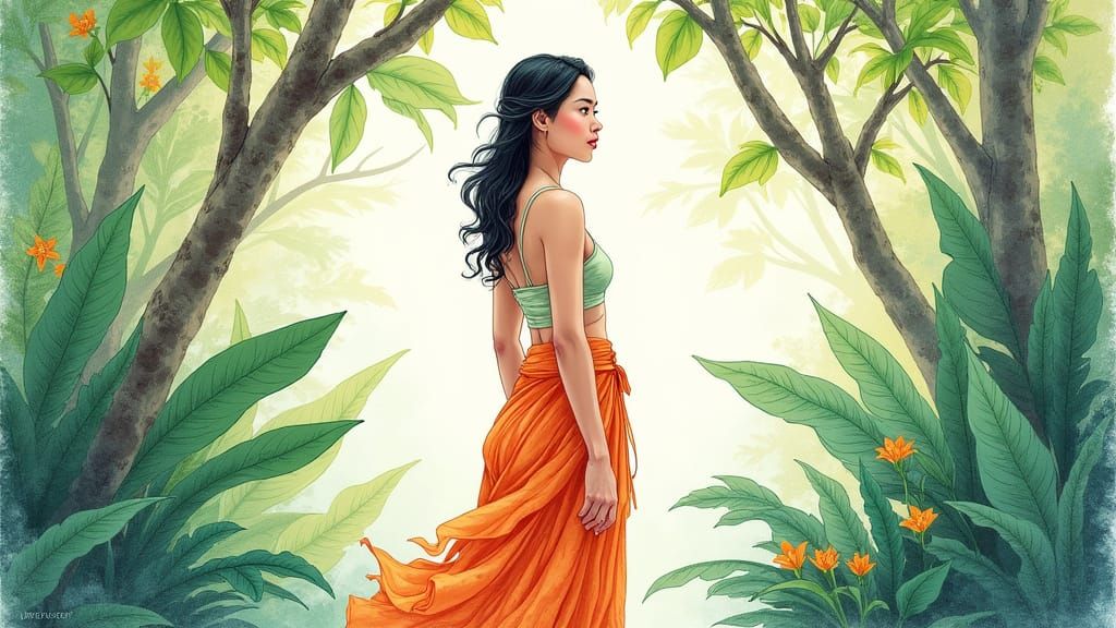 Thai Woman in Nature: Detailed Illustration with Watercolour...