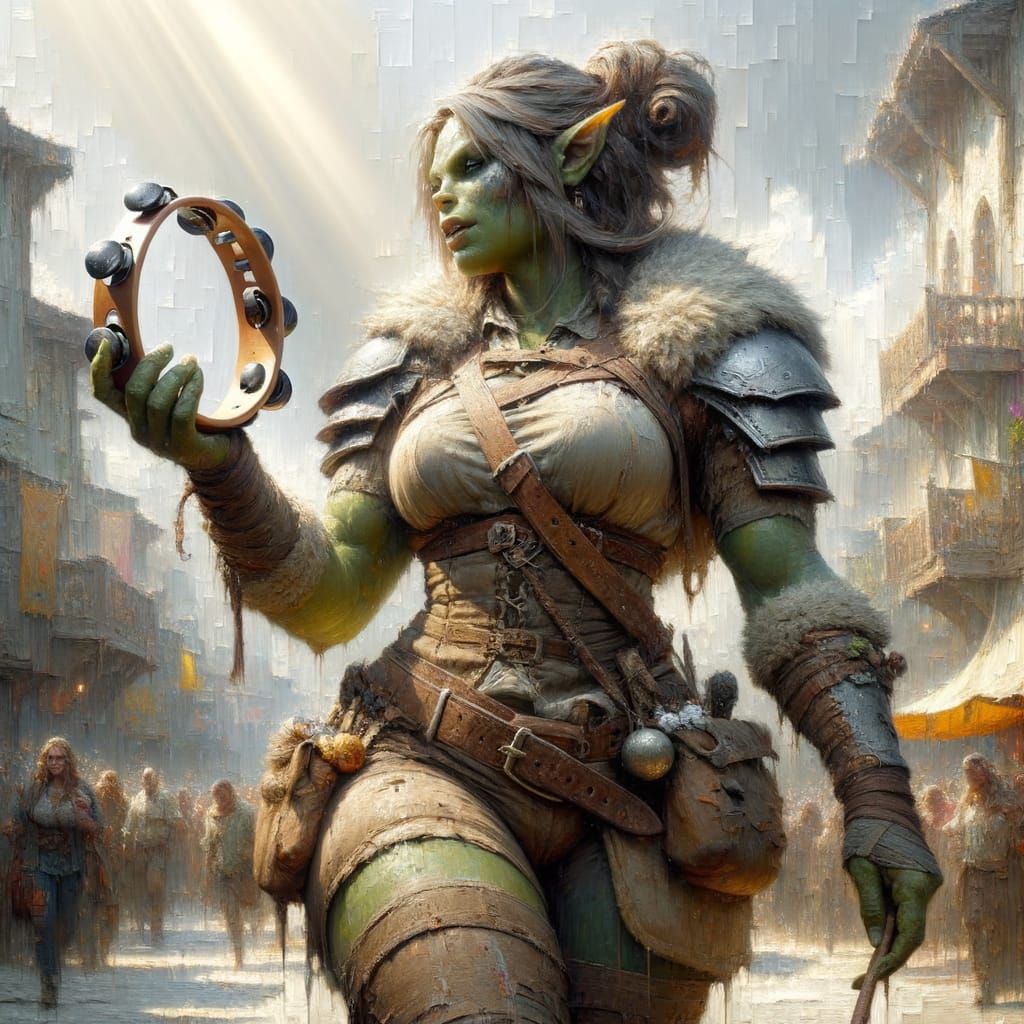 Orc Bard Plays in Bustling City, Digital Art