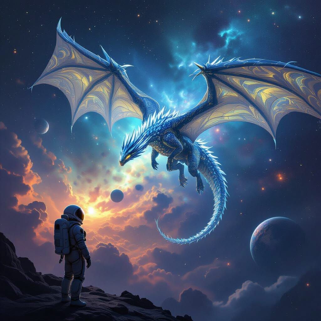 Matte painting. A colossal, bioluminescent wyvern with cryst...