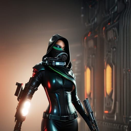 Cyberpunk Hacker Action Pose with Cybernetic Hand