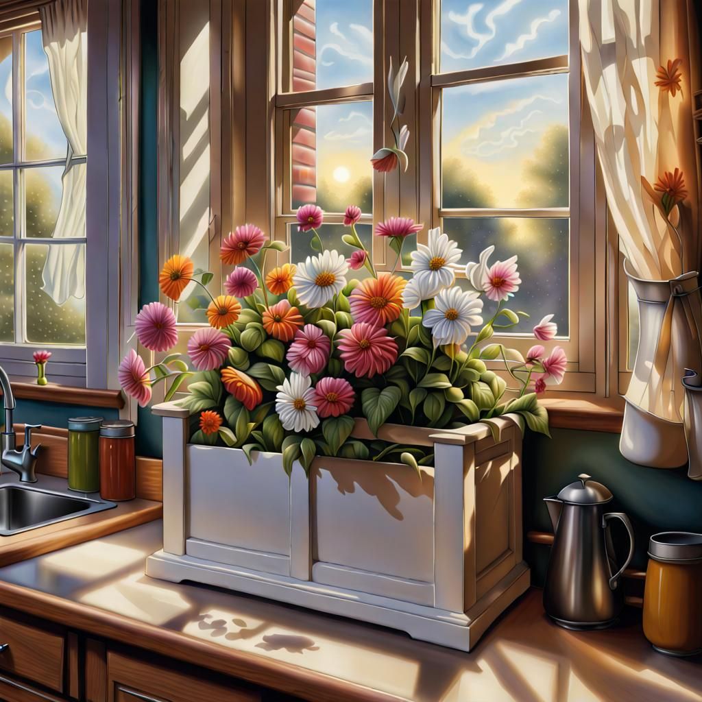 Hyperrealistic Flower Box in Kitchen Window
