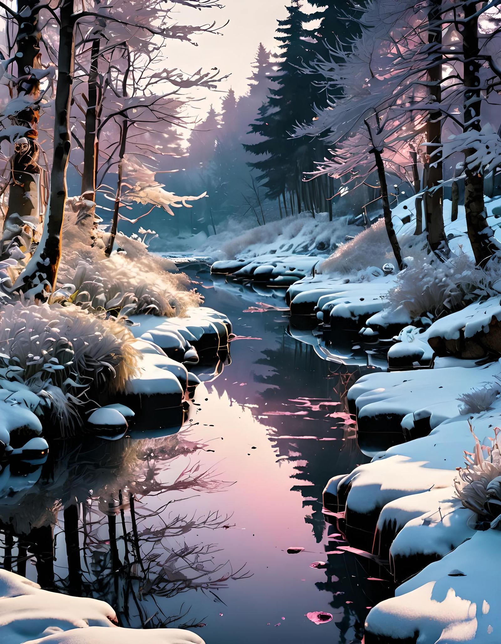 Snowy Riverscape with Snowdrops in Watercolor Style