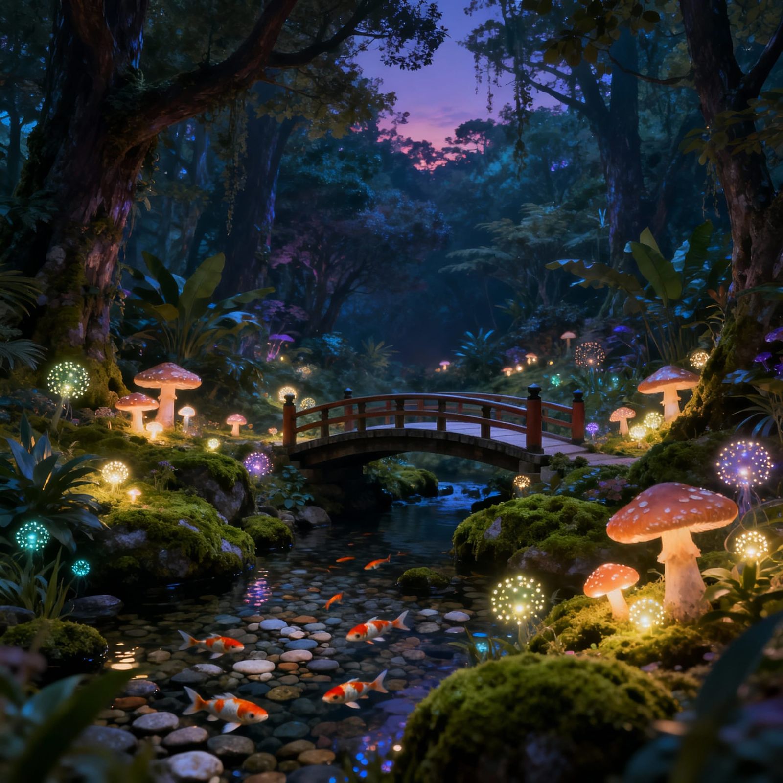 Mystical Forest Glade at Dusk with Glowing Mushrooms