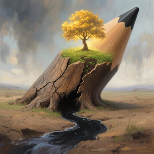 Magical Realism Painting of Giant Pencil Ecosystem