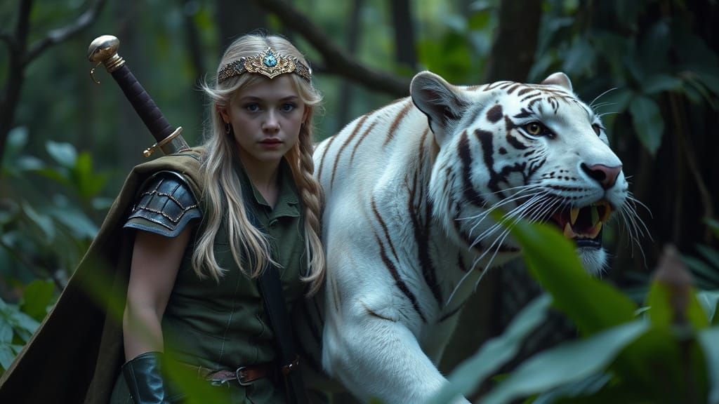 Female Ranger and White Tiger in Jungle