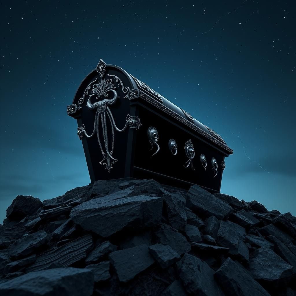 Gothic Coffin with Silver Pentacles Under Starry Sky
