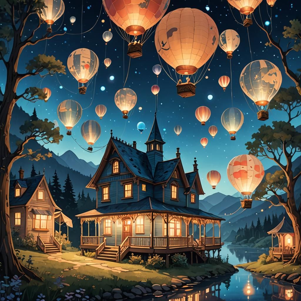 Floating Victorian House with Balloons, Dreamy Concept Art
