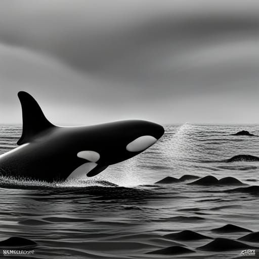 Hyperrealistic Killer Whales in Splash Art Style